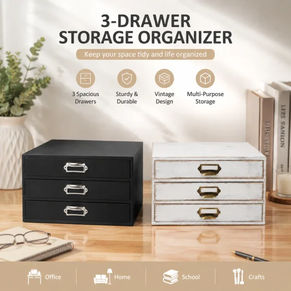 3-Drawer Durable Wooden Storage Box